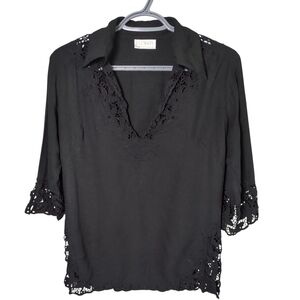 Uluwatu Black Blouse Balinese handmade lace embroidery‎ Size XS
